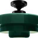 Farmhouse Green Semi Flush Mount Ceiling Light, 13.8" Mid Century Modern Close to Ceiling Light Fixture, Retro Black Flush Mount Lamp for Bedroom Hallway Kitchen Entryway Foyer