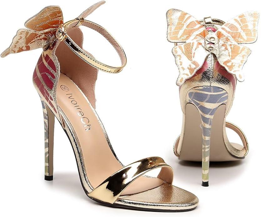 Women's Gold Sparkly Stiletto Heels - Butterfly Back Open Toe Ankle Strap Dress Sandals, Sexy High Heel Pumps for Party Wedding Evening Prom 7
