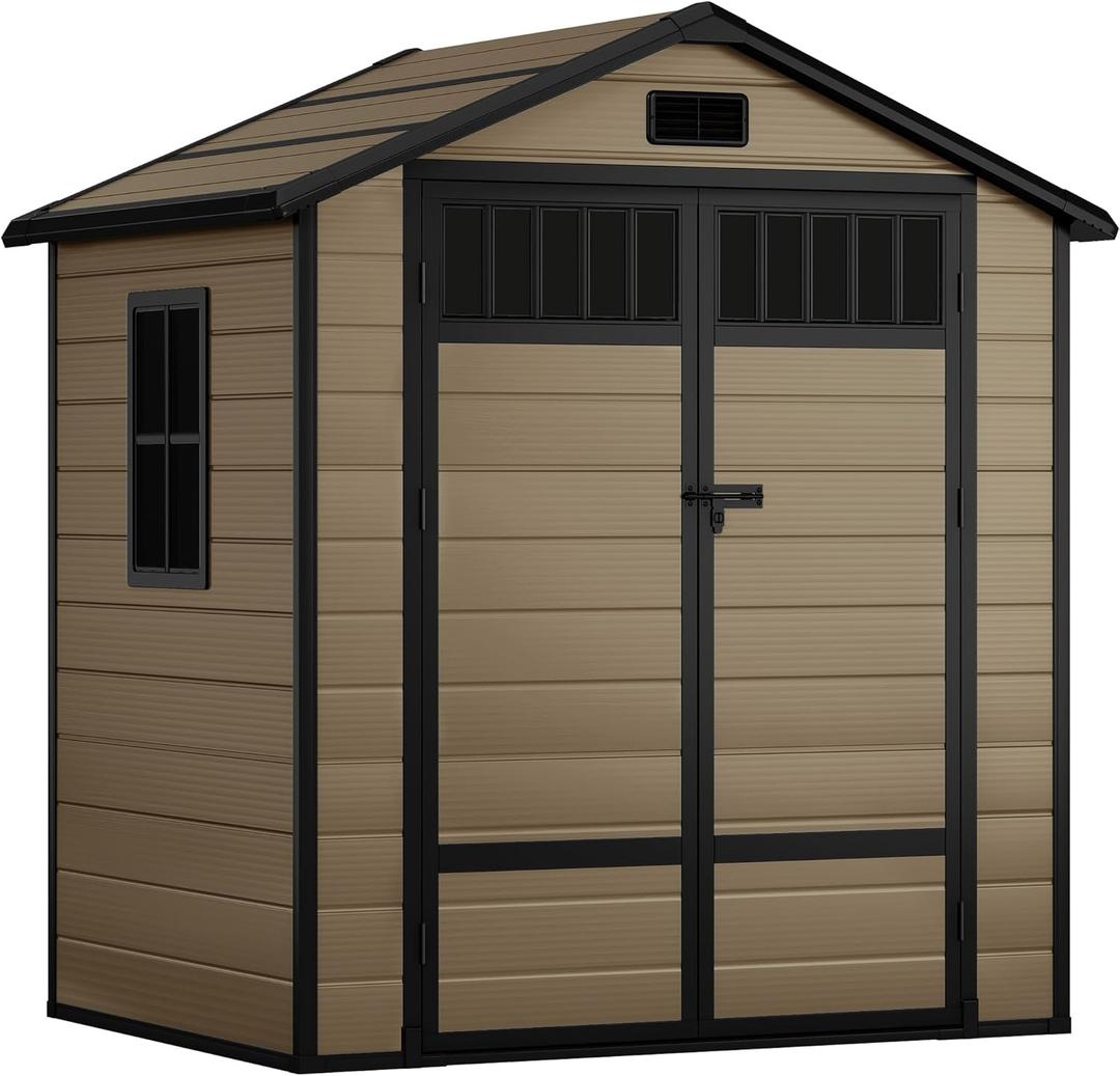 DWVO 6x4.4 FT Resin Storage Shed with Fence-Style and Side Windows, Lockable Door, and Vents for Garden, Backyard, Patio, Lawn, Brown
