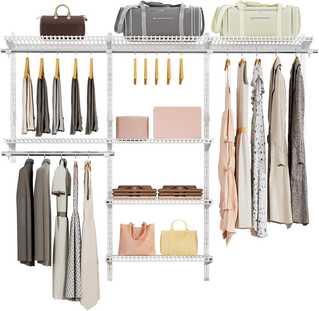 Wire Closet Organizer System, Wall Mounted 6.5 Ft. Custom Closet Kit for Bedrooms Laundry Mudroom Garage Basement, Adjustable Storage Shelves for Clothes Shoes Handbags