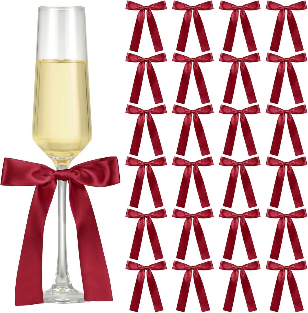 Jingmore 24 Pack Bows for Champagne Glasses Candle Holder 6.7 x 4 Inch Bow Drink Tags Wine Glass Candlestick Ribbon Self Adhesive Name Marker for Wedding Anniversary Party Gift Decor(Burgundy)