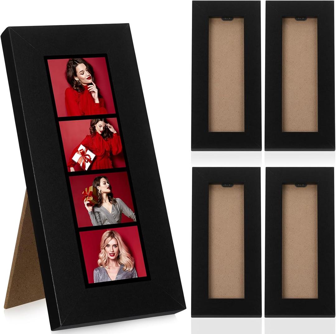 Briwooody 4 Pack Photo Booth Frames 2x6 Photo Strip Frame with Stand Wooden Wall and Tabletop Display Film Picture Holder with Clear Glass for Wedding Grad Baby Shower Picture Booth(Black)