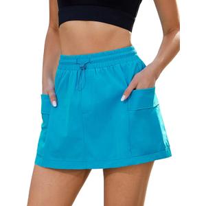 luvamia Skorts for Woman High Waisted Pull On Elastic Waist Cargo Pockets Quick Dry Hiking Tennis Sports Skirt Shorts (Blue, L)