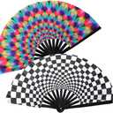 2 PCS Large Folding Fan Bamboo Folding Hand Fan, Rave Fan Clack Folding Hand Fan Chinese/Japanese Nylon-Cloth Folding Fan for Festival, Dance, Performance, Party, Gift, Decoration(Type A)