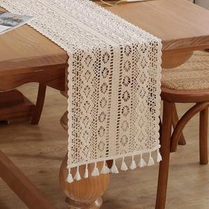 meioro Crochet Lace Table Runner, 10x48 Inch Boho Cotton Table Runners with Tassels, Rustic Farmhouse Table Decoration 48 Inches Long, Mesh Woven Table Decor for Wedding Bridal Shower Party