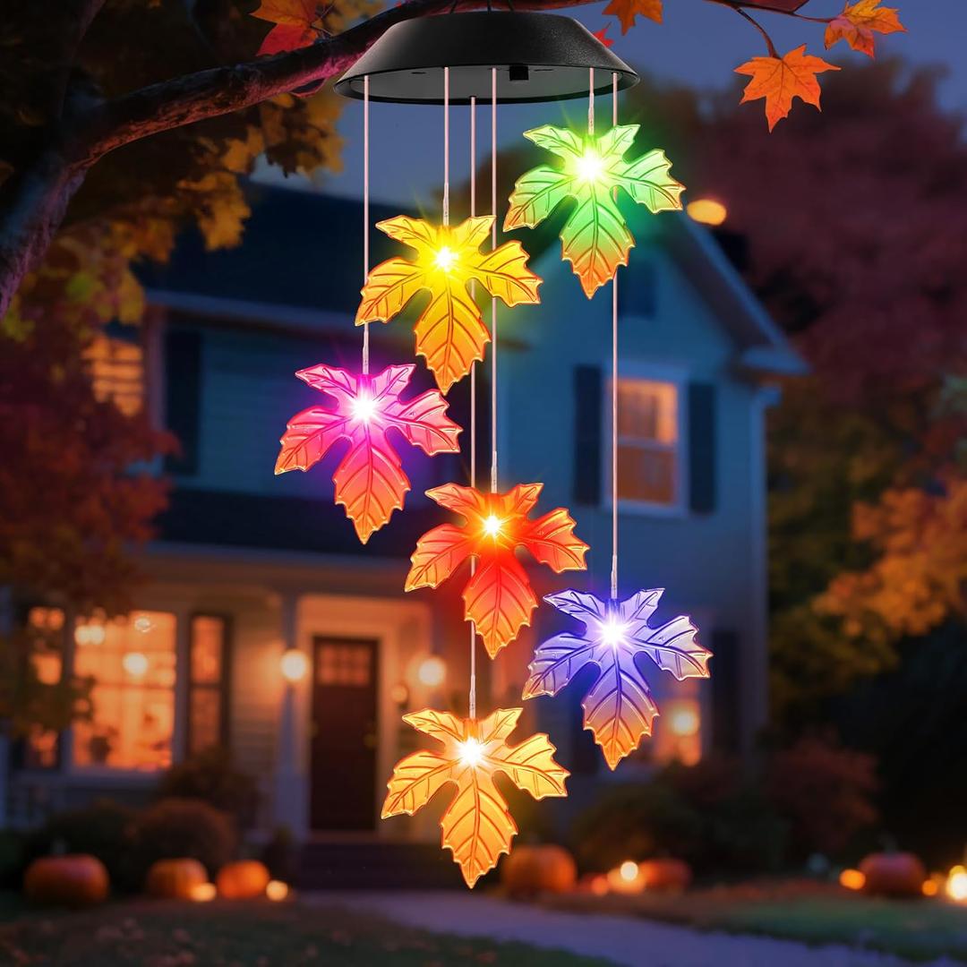Fall Decor Thanksgiving Decorations Birthday Gifts for Women, Winzwon Solar Lights Outdoor Wind Chimes for Outside Garden Yard Patio Porch Decor Hanging Maple Leafed Halloween Autumn Decorations