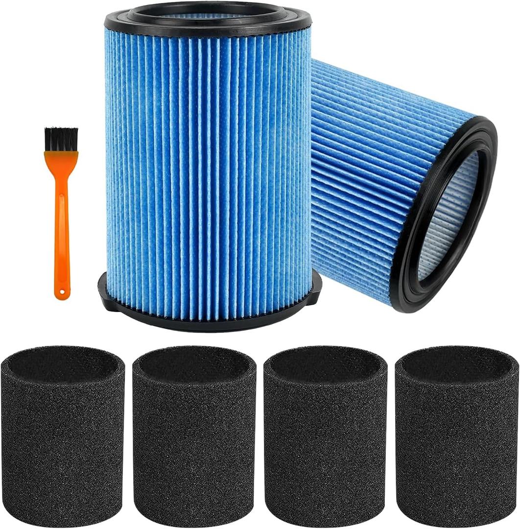 Vf5000 Replacement Filter Compatible With ridgd 5-20 Gallon Wet Dry shop Vacuums WD1450 WD0970 WD1270 WD09700 WD06700 WD1680 WD1851 RV2400A 2 Pack Vf5000 Filter with 4 Foam Sleeves 1 Brush