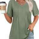 siliteelon Womens Blouses Dressy Casual Puff Short Sleeves Shirts Pleated V Neck Summer Loose Blouses Tunic Tops (Large, Lawn Green)