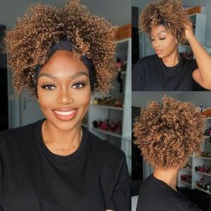 Aisaide Ombre Brown Kinky Curly Headband Wig, Short Synthetic Afro Curls, Medium Cap, 4 inches, Heat Resistant, Women's Hair Accessory (4"128/Ombre Brown#)