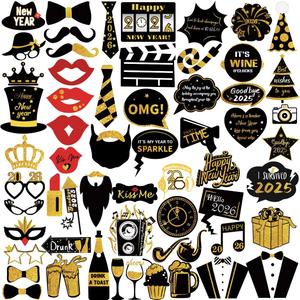 2026 New Year Photo Booth Props Kit, 60pcs Funny New Years Eve Party Photo Booth with Stick for Adult Kids Women Men Party Accessories for 2026 New Year Party Decor Decoration Favor Supplies