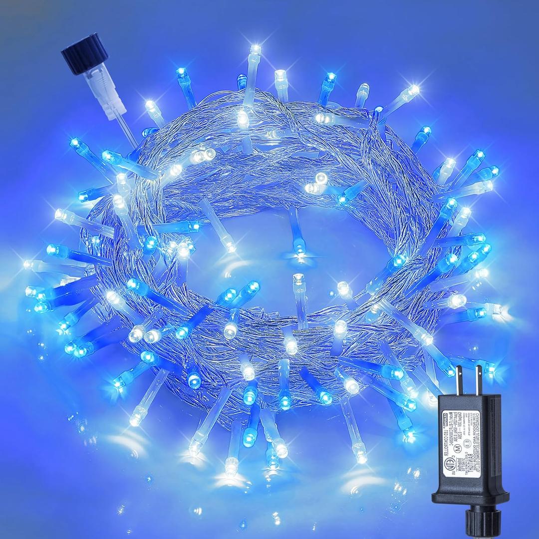 Hopolon Blue and White Christmas Lights Outdoor,33FT 100 Led Plug in Fairy String Lights Clear Wire,8 Modes Waterproof Christmas Tree Light for Indoor Outside Bedroom Party Wedding,100 LED,Blue White
