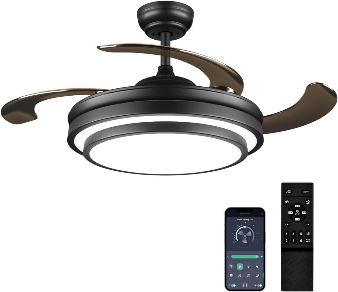 48 Inch Retractable Ceiling Fan with Lights and Remote,Black Fandelier Ceiling Fan with APP Control 6 Speed Dimmable LED Ceiling Fans Silent Reversible Motor for Bedroom Kitchen Living Room