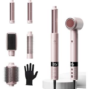 6 in 1 Blow Dryer Brush Set Grey/Pink Blind Boxes, Powerful Hair Dryer Brush with Auto-Winding Curl L/R, Fast Drying, Smooth Blowouts, Root-Lift Volume, No Heat Damage Frizz-Free Thermal Brush