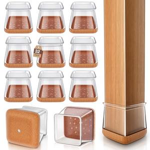 Chair Leg Floor Protectors Chair Leg Protectors for Hardwood Floors Silicone Caps Felt Strengthen Bottom Protection Anti-Scratch Reduce Noise 32 Pack Clear Square XL Fit:1-1/2" to 1-3/4" (38-44mm)