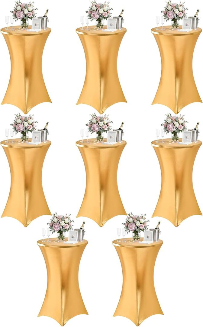 Cocktail High Top Table Covers - 32x43 Inch Fitted Spandex Round Cocktail Tablecloth for Bar Height Standing Table Cloths Reusable, for Party Wedding Banquet Event Decorations, Shiny Gold, 8 Pack