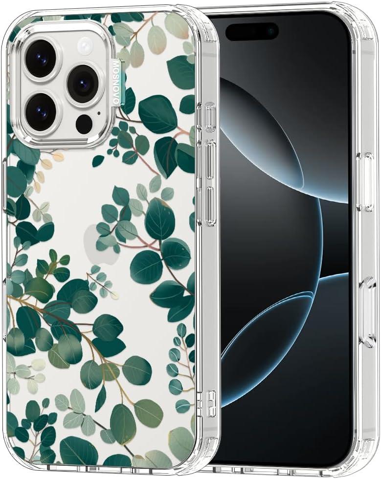 MOSNOVO Case for iPhone 16 Pro Max, [Buffertech 6.6ft Military-Grade Drop Protection] [Anti Peel Off Tech] Clear TPU Bumper Phone Case Cover Design - Eucalyptus
