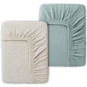 Muslin Fitted Crib Sheets for Girls & Boys-2 Pack 28"×10" Soft Baby Mattress Sheet-No Slip Boho Neutral Breathable Toddler Cotton Bedding Olive Green & Beige