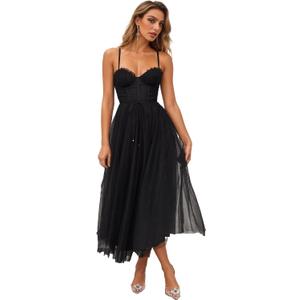 Womens Sweetheart Neck Belted A-line Mesh Midi Dress Spaghetti Strap Backless Tulle Prom Party Dress (Black, XL)
