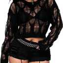 SHENHE Women's Plus Size Ripped Knit Top Sweater Hollow Out Goth Punk Grunge Y2k Sheer Crop Sweater (Black)
