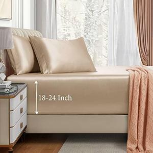 1 Piece  Extra Deep Pocket Satin Fitted Sheet Set Queen Bed Set, Beige Bottom Sheet Fit 18-24 Inch Deep Pocket Mattress, Silky Bedding Set Soft