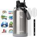 [2-IN-1 LID] 64 oz Insulated Water Bottle with Silicone Boot (48hrs Cold/24hrs Hot) - DIY Stickers, Leakproof, BPA Free, Half Gallon (Stainless Steel)