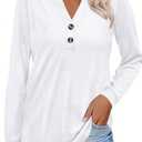 Women Button Down Henley Shirts V Neck Long Sleeve Fashion Dressy Casual Tops Trendy Blouses Loose Fit Tunic (White, XL)