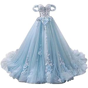 Ball Gown Tulle Off-The-Shoulder Sleeveless Applique Sweep/Brush Train Quinceanera Dresses.18