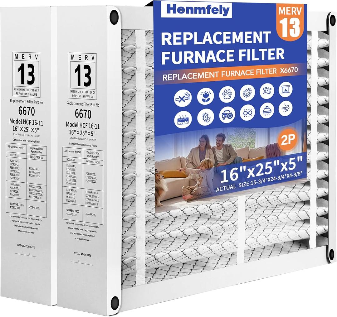 2 Pack 16x25x5 Furnace Filter Replacement Compatible with Lennox X6670 HCF16, MERV 13, Pleated HVAC, Foldable Design Easy Installation