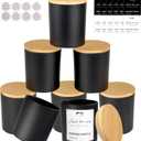 CONNOO 8 Pack 14 OZ Empty Black Glass Candle Jars for Making Candles with Bamboo Lids and Sticky Labels, Bulk Candle Jars for Making Candles - Spice, Powder Containers.