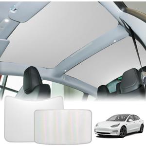 ROCCS Sunshade Roof for Tesla Model 3 2023-2021 Colorful Ice Crystal Glass Roof Sunshade Sunroof No-Sag Design Retractable Sunshade Heat Insulation Roof Window Sun Protection Snap Foldable (White)