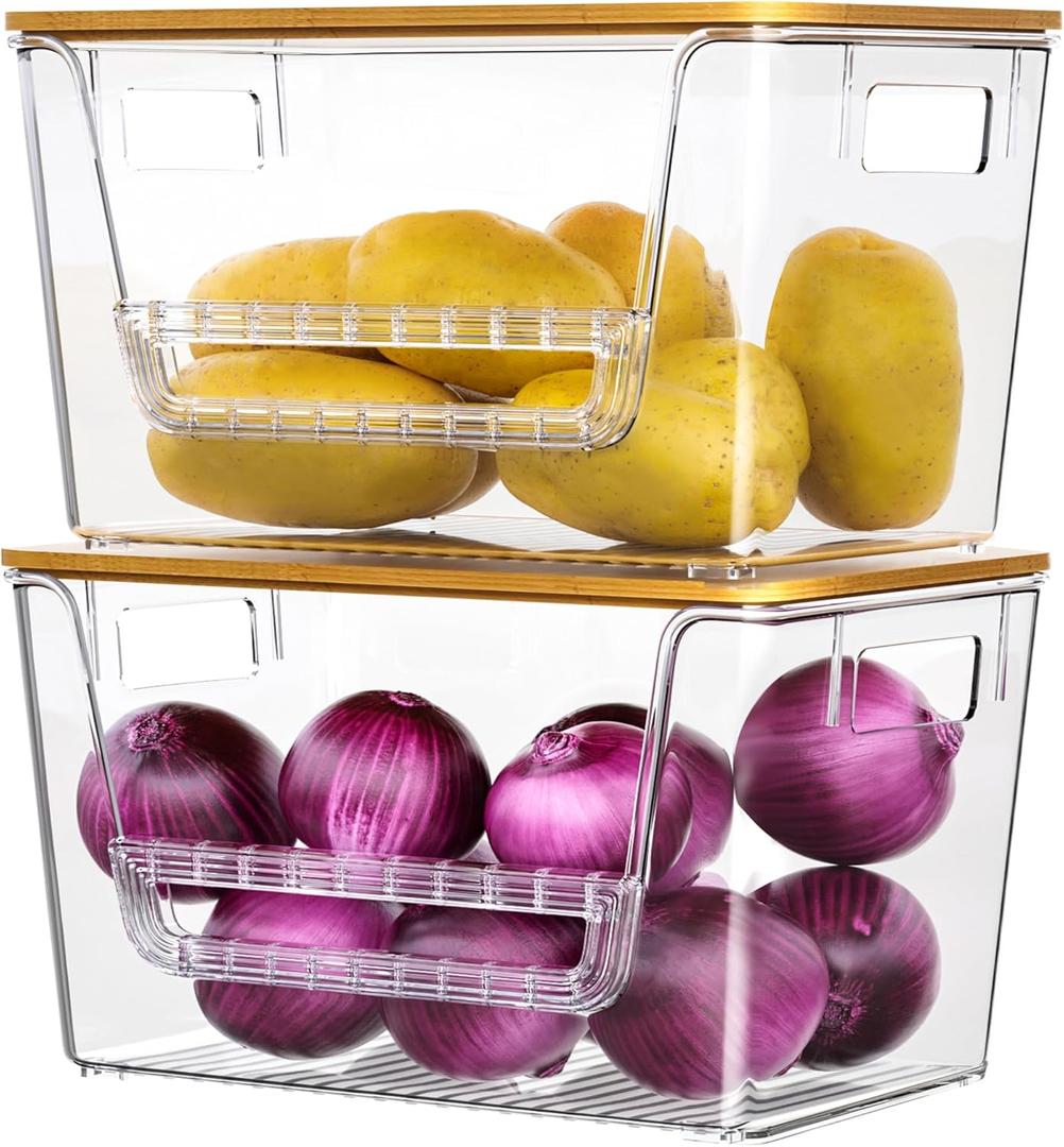 2 Set Pantry Organizers,Stackable Potato and Onion Storage Bins with Bamboo Lids,Trash Bag Dispenser for 4-13 Gal Bags,kitchen Countertop Organizer for Produce or Snacks