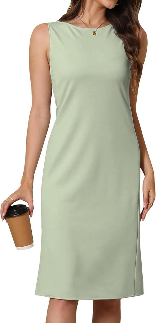 Women Business Sheath Midi Dress, 2025 Summer Sleeveless A-line Slimming Work Pencil Skirt (Green, XL)