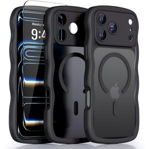 QVLANG Case for iPhone 17 Pro Max, Cute Wave Cover Case, Upgraded[Full Camera Protection][Compatible with Magsafe][Military Grade Protection][Translucent Matte] Phone Case for Women Girls, Black