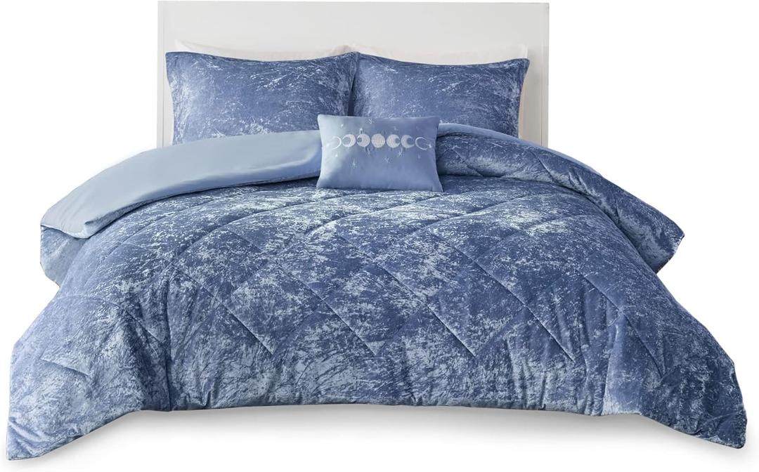 Intelligent Design Queen Comforter Set, Velvet Comforter Set , Luxury Diamond Quilting Comforter Set, Fluffy Comforter Bed Set with Decorative Pillowand 2 Shams, 4 Piece Blue, Full/Queen