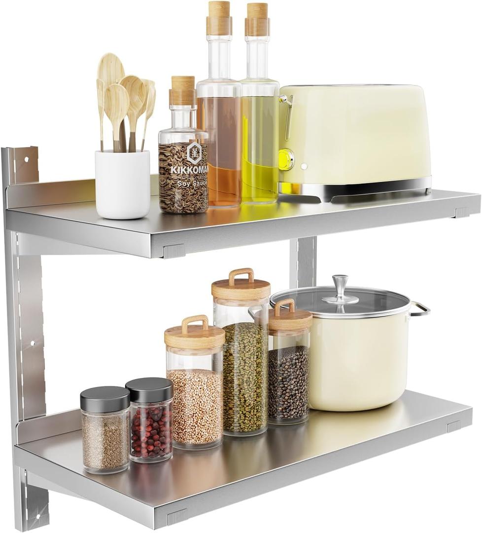 Stainless Steel Shelf, 23.6" x 12.6" Commercial Floating Wall Shelf with Brackets, 110Lb Capacity, Adjustable Double-Layer Metal Heavy Duty Storage Rack for Restaurant, Kitchen, Home, Bathroom