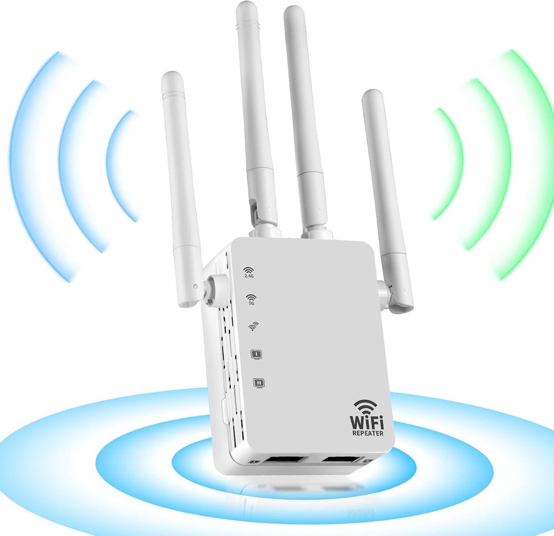 WiFi Extender Signal Booster, 5G WiFi Booster with 1200Mbps Dual Band (2.4&5GHz), WiFi Repeater (10000sq.ft for 55+ Devices), WPS 1-Tap Setup,4 Antennas 360 Full Coverage with 2 Ethernet Port