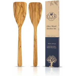 Olive Wood Spatula Set of 2 - Artisan Handcrafted 12" Curved Wood Turners - 100% Natural, Food-Safe Oil Finish - Durable Solid Kitchen Utensils for Nonstick Cookware - Unique Grain