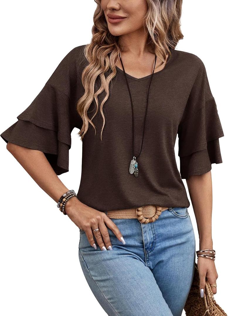 Womens Blouses Ruffle Sleeve Top V Neck Shirts Casual Outfit Bell Sleeve Cute Tee Spring Fall Summer Fashion Clothes (L)