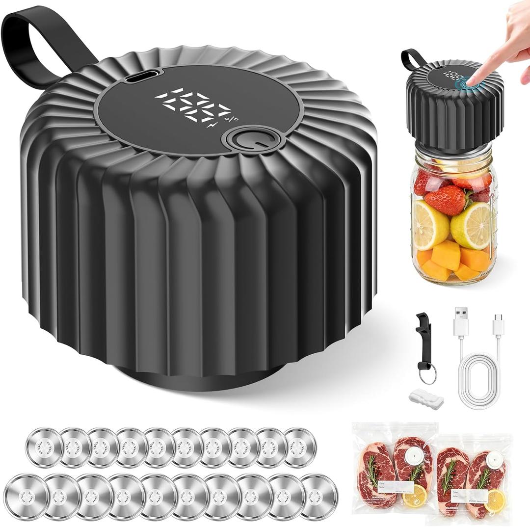 Electric Mason Jar Vacuum Sealer Kit Rechargeable Portable Sealer for Wide/Regular Mouth Jars, Bags & Containers | Ultimate Tool for Home Chefs to Preserve Meal Prep, Dry Goods & Canning (Black)