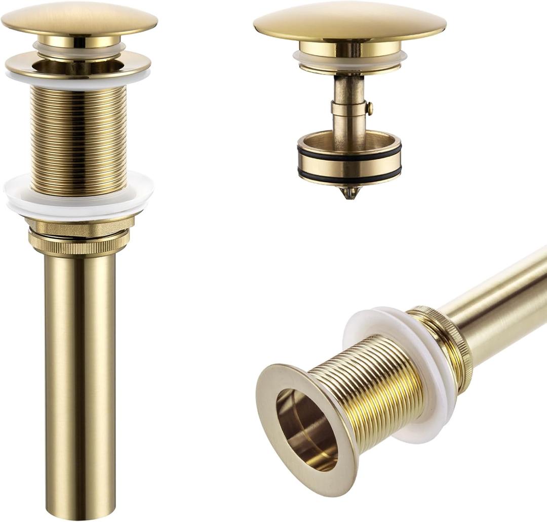 KOKOSIRI Pop Up Sink Drain with Strainer Basket, Brushed Gold Bathroom Sink Drain with Detachable Hair Catcher Anti Clogging for Vanity Vessel Sink Without Overflow, C1002BG