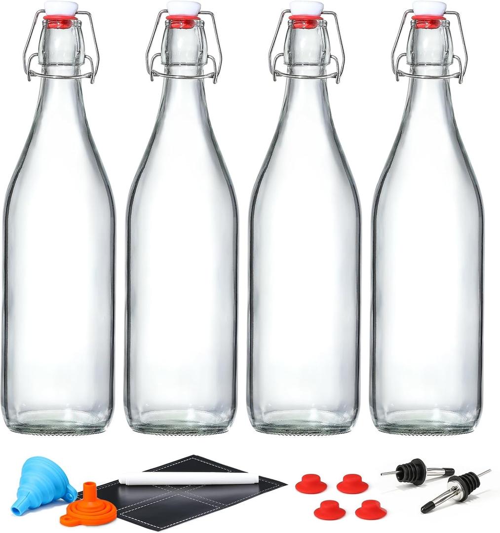 4 Pack [1 Liter / 33 fl. oz.] Swing Top Glass Bottles w/Airtight Stopper Lids Flip Top Brewing Bottle for Fermentation, Kombucha, Mead, Vinegar, Beer, Kefir, With 4 Extra Seals & 2 Pourers