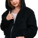 SOLY HUX Girl's Fleece Teddy Jacket Sherpa Zip Up Hoodie Kids Fuzzy Fall Winter Coat Outerwear Jackets Plain Black 11-12Y