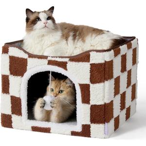 LE SURE Indoor Cat Beds Kitten House - Large Cat Cave for Pet Cube with Fluffy Ball Hanging, Foldable Small Animal Hideaway, 16.5x16.5x13 inches, Brown Checks