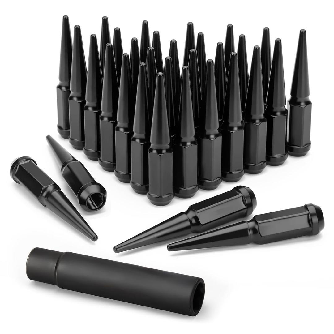 KSP M14x1.5 Spike Lug Nuts for Silverado Sierra 1500 2500 3500, 32PCS Black 14x1.5 Wheel Lug Nuts for F250 F350, 14mm x 1.5 Bulge Acorn Lug Nut with 1 Socket Key for Aftermarket Wheel