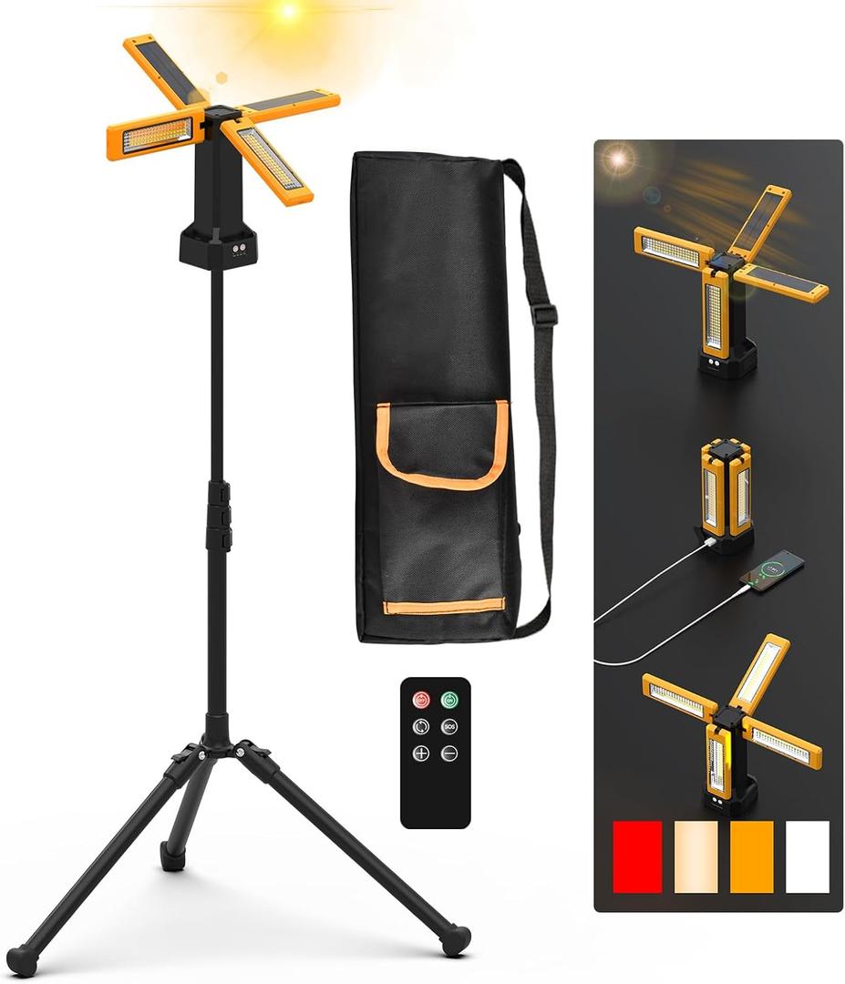 iodoo 13200mAh Rechargeable Solar Work Light, IPX4 Waterproof with Folding Stand Support and Portable Carrying Bag, 8000 Lumen Stepless Dimmable, 4 Lighting Modes, White/Warm/Warm White (Remote)