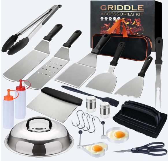 Griddle Accessories Kit for Blackstone and Camp Chef,Extra Thickened Stainless Steel Grill Accessories Set，Grill Tools Set with Enlarged Grill Spatula, Griddle Cover Salt and Pepper Shakers (23PCS)