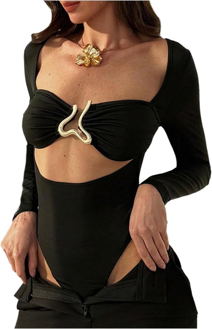 MakeMeChic Women's Long Sleeve Cut Out Metal Ring Bodysuit Going Out Leotard Tops M