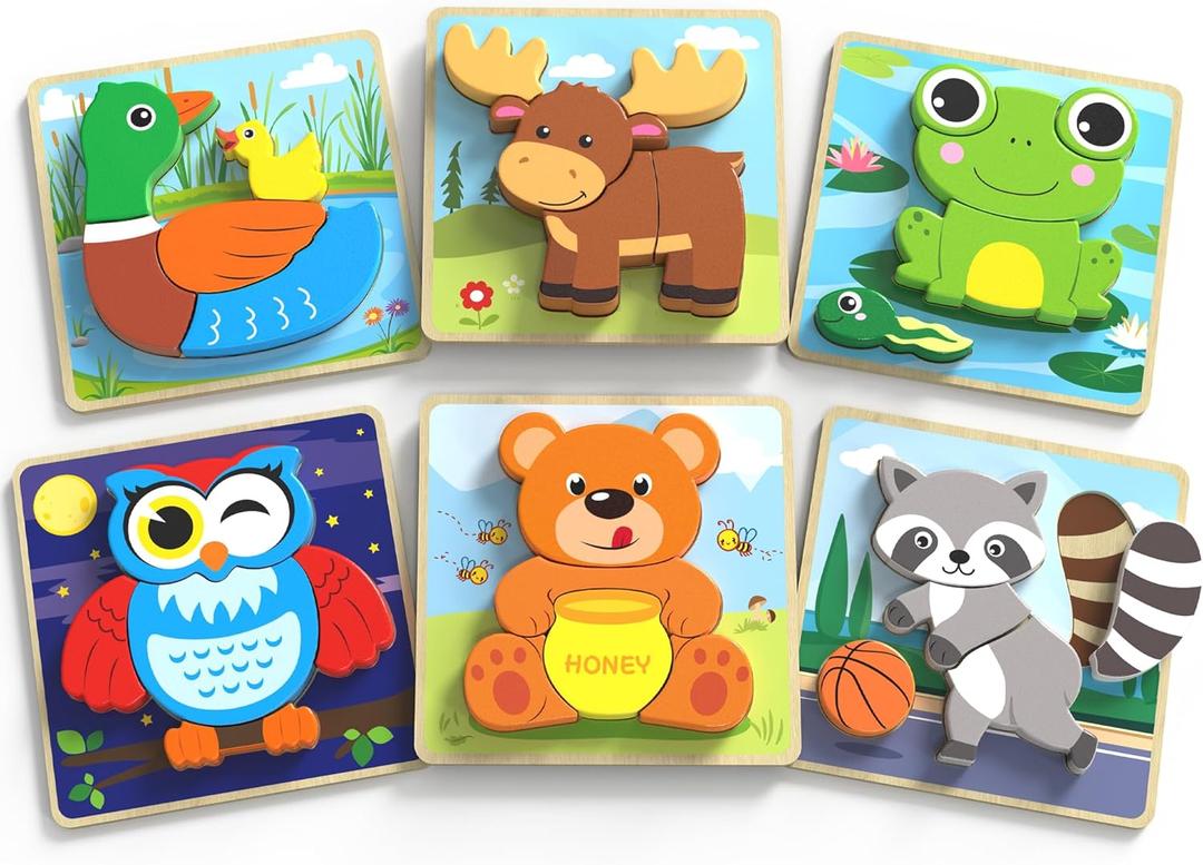 BenBen Wooden Puzzles for Toddlers 1-3, 6 Pack Animal Puzzles for Toddlers 2-4, Montessori Toys for 1 2 3 Year Old Boys Girls, Learning Educational Preschool Toys