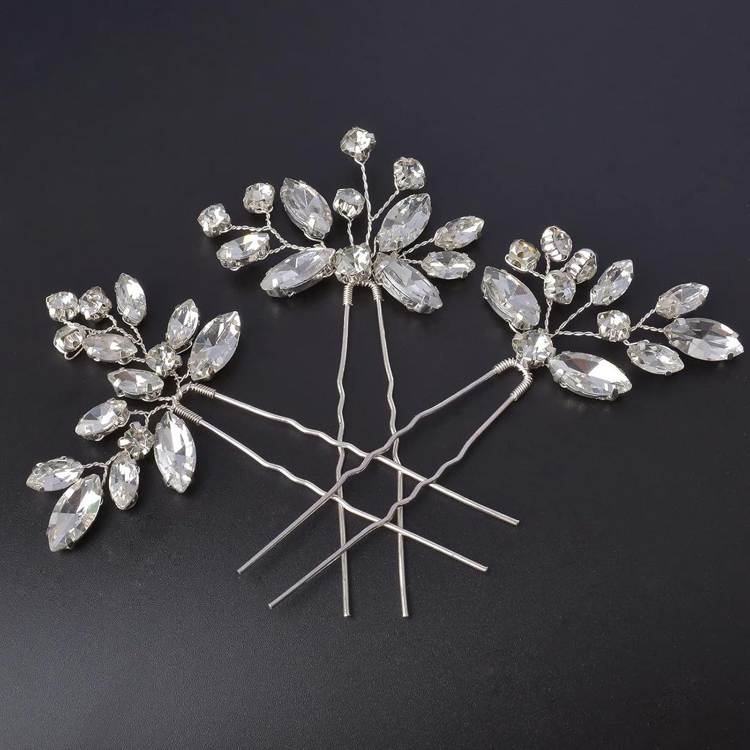 Bridal Hair Accessories, Beusoulover 3pcs Crystal Wedding Hair Pieces, Handmade Rhinestone Bridal Hair Pin for Women, Girls, Bridesmaids (Silver)