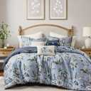 Madison Park Queen Comforter Set Vintage Floral Reversible Comforters Queen Size Bed, All Season, Down Alternative Bedding Queen Size Comforter, Bedskirt, Pillows, Shams, Salara, Queen Blue 7 Piece
